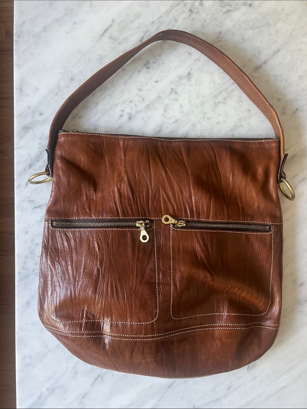 Vintage Christopher Kon women’s Brown Leather Shoulder Bag / Front Zip Pockets